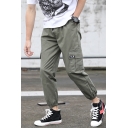 Mens Popular Fashion Solid Color Drawstring Waist Elastic Cuffs Casual Sports Cargo Pants with Side Pocket