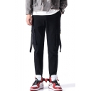 Mens New Fashion Solid Color Ribbon Embellished Straight Casual Cargo Pants with Side Pocket