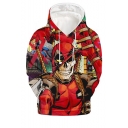 New Stylish Comic Skull 3D Printed Long Sleeve Red Drawstring Pullover Hoodie