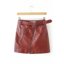 Rock-and-Roll Belted Off-center Zip Embellished PU Fitted Mini Skirt