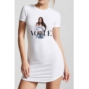 Womens New Trend Round Neck Short Sleeve Graphic Print White Asymmetrical Sheath T-Shirt Mini Dress