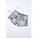 Sweet Fancy Blue Mid Waist Ripped Butterfly Embroidered Beading Embellished Denim Shorts