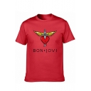 Young Mens Personalized Short Sleeve Round Neck Bon Jovi Letter Sword Heart Printed Pullover Cotton T-Shirt