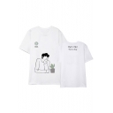 Kpop Funny Cartoon Portrait Cactus Sketch DO Logo Printed Short Sleeve White Cotton Tee