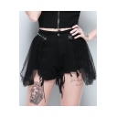 Summer Personalized Black High Waist Lace Patch Asymmetric Fringe Hem Denim Shorts
