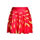 Summer Red Elastic Waist Lightning Printed Pleated Mini Skater Skirt