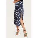 Summer Boho Elastic Waist Polka Dot Printed Split Side Holiday Midi Skirt