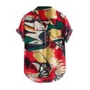 New Trendy Mens Rolled Sleeve Single Breasted Chest Pocket Front Tie Dye Oil Painting Printed Casual Loose Shirt