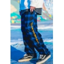 Men's Popular Fashion Plaid Letter Embroidery Pattern Loose Fit Wide Leg Track Pants