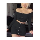 Hot Popular Long Sleeve Umbilical Top with High Waist Mini Skirt Solid Color Button Down Slim Two Piece Set
