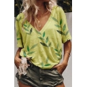 New Fashion Summer V Neck Short Sleeve Leaf Printed Loose T Shirt