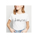 Heartbeat Printed Round Neck Short Sleeve Casual Loose White Tee
