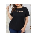 Summer Hot Fashion Short Sleeve Round Neck Plain Cutout Plus Size Loose Casual Black T Shirt