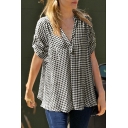 Women's Classic Plaid Print Short Sleeve V-Neck Black And White Fitted Casual Blouse T-shirt Tops