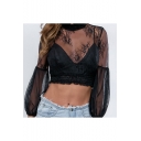 Fashion High Neck Hollow Out Lace Patched Long Sleeve Black Blouse Top
