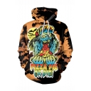 Cool Fashion Brown Tie Dyeing Letter PIZZA PIE Skull 3D Printed Drawstring Hooded Long Sleeve Punk Hip Pop Style Loose Hoodie