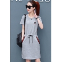 Womens Summer Round Neck Short Sleeve 3-Stripe Ruched Pockets A-Line Midi Dress