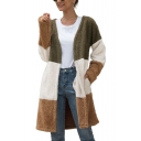 Womens Long Sleeve Open Front Longline Cardigan Color Block Plush Coat