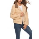 Winter Fashion Contrast Collar Zip Up Faux Fur Fluffy Coat