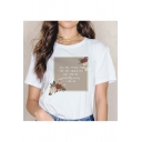 Fashion Square Letter Floral Printed Round Neck Short Sleeve White Tee