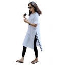 New Fashion Round Neck Short Sleeve Striped Slit White Loose Shift T-Shirt Midi Dress
