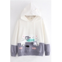 Cat Fish Embroidered Long Sleeve Color Block Cat Ear Leisure Hoodie