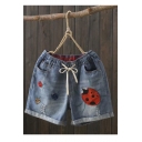 Summer Hot Popular Elastic Waist Turn Up Washed Ladybug Patched Denim Shorts