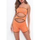 Orange Strapless Sleeveless Hollow Out Contrast Trim Fitted Mesh Bandeau Rompers