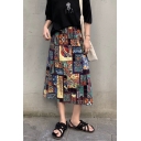 Womens Summer Vintage Oil Painting High Waist Midi A-Line Skirt