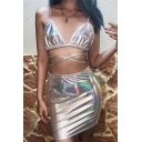 Women's Unique Flourescent Silver Cutout Cami Top with Mini Skirt Two-Piece Set