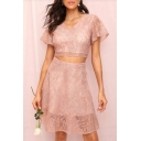 Women's Chic Pink V-Neck Short Sleeve Crop Top with A-Line Skirt Lace Two-Piece Set