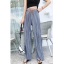 New Trendy Drawstring Fold Over Waist Straight Fit Pleated Wide-Leg Pants