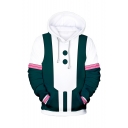 White and Green 3D Printed Colorblocked Long Sleeve Loose Fitted Drawstring Hoodie
