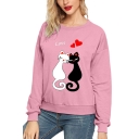 Cute Cat Love Letter Printed Long Sleeve Round Neck Pullover Sweatshirt