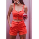 Trendy Summer Button Plain Strap Crop Tops with Tailored Shorts Co-ords for Women