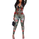 Womens Popular Floral Print Round Neck Long Sleeve Coat Mid Waist Skinny Pants Co-ords
