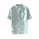 Mens New Stylish Solid Color Button V-Neck Short Sleeve Casual Linen Henley Shirt