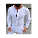Mens Summer Simple Plain Round Neck Long Sleeve Button Front Casual Fitted Linen Shirt