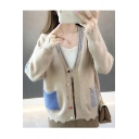 Womens Campus Style Patchwork Print V Neck Long Sleeve Cardigan with Pockets
