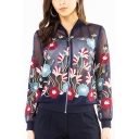 Chic Women's Embroidery Floral Printed Lace Panel Zipper Translucent Jacket Coat