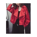 Chic Notched Lapel Collar Long Sleeve Plain Cropped PU Biker Jacket with Pockets