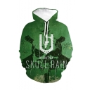 Cool Skull Printed Green Drawstring Hooded Pullover Long Sleeve Casual Hoodie