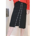 New Trendy Women's Studded Embellished Straight Split Front Black Pencil Skirt