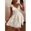 Womens Sexy V-Neck Sleeveless White Lace Floral Backless Cami A-Line Mini Dress