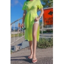 Womens Summer Round Neck Short Sleeve Button Twist Detail Slit Plain Casual Shift T-Shirt Midi Dress