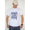 Mens Hot Stylish White Short Sleeve Round Neck GIVE ME SOME SPACE Letter Spacecraft Printed Breathable Cotton T-Shirt