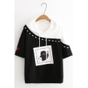 Womens Short Sleeve Cartoon Printed Colorblock Patch Casual Loose Hooded T Shirt