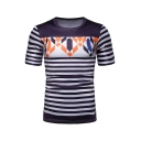Striped Geometric Printed Short Sleeve Round Neck Fitted Stretch Mens Tee