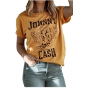 Women's Funny Letter JOHNNY Cartoon Shoes Pattern Round Neck Short Sleeve Yellow T-Shirt