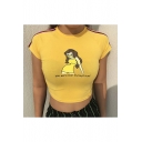 New Arrival Comic Girl Letter YOU WERE NEVER MY BOYFRIEND Print Round Neck Short Sleeve Yellow Cropped Tee